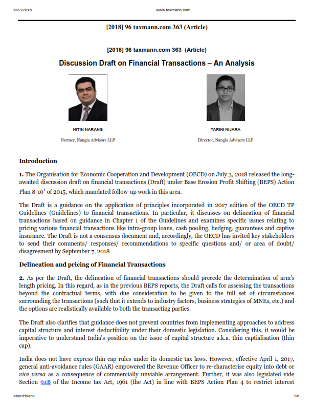 Discussion Draft on Financial Transactions – An Analysis: Nitin Narang and Tarini Nijhara