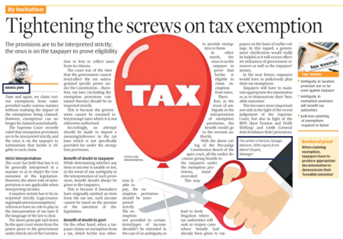 Nangia & Co LLP in News- Tightening the screws on tax exemption
